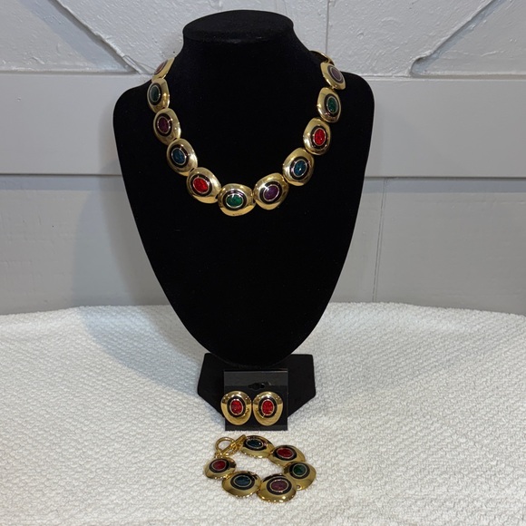 Vintage Jewelry - Vintage Brass Gold Enamel Multicolor Gemstone Necklace Bracelet Earrings Set